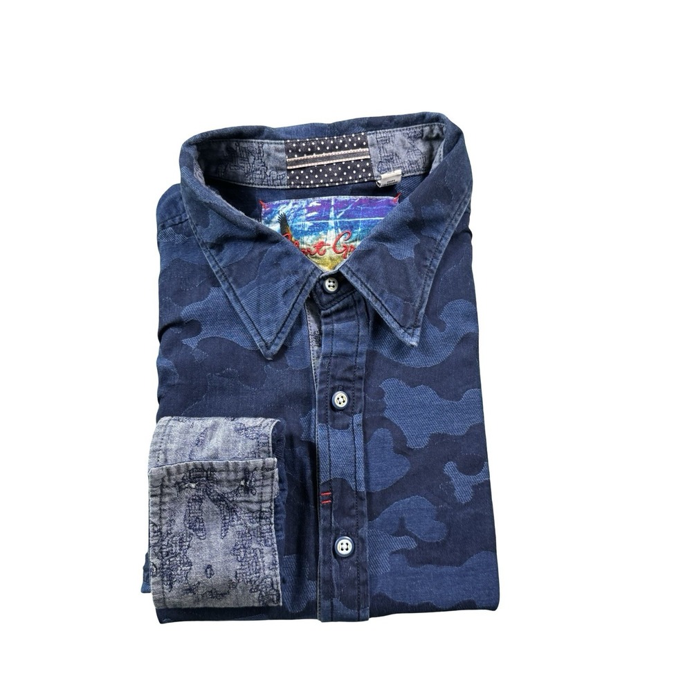Robert Graham Blue Cotton Camo L/S AOP Mens Flip Cuff Button Front Size 3XL
